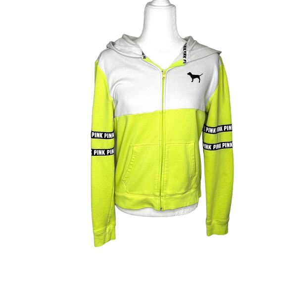 PINK Victoria's Secret Neon Green Hoodie Zip Front Sweatshirt - Picture 1 of 9